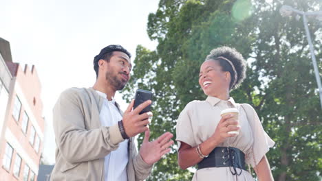 businessman, woman and phone on outdoor walk to