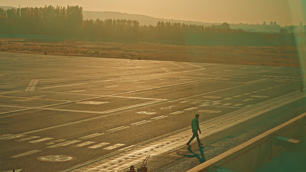 Person Walking on Airport Tarmac During Golden Hour