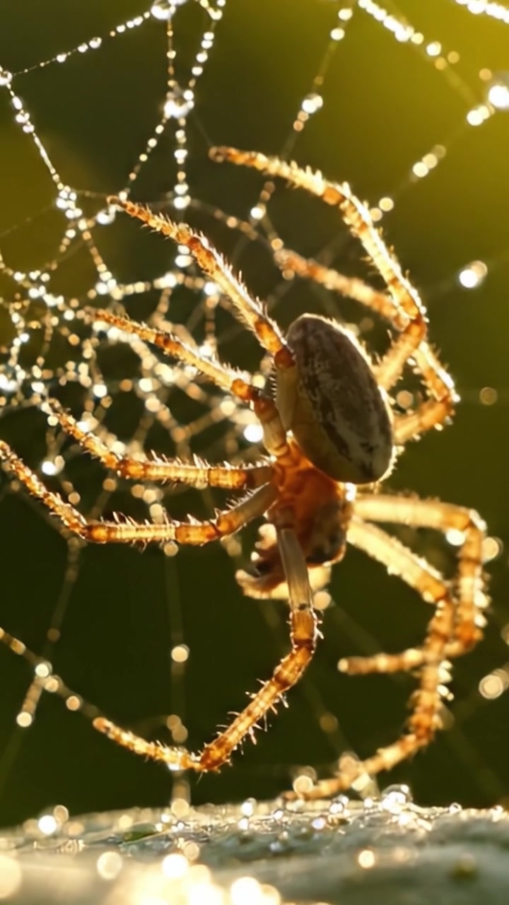 Uma Vista em Close-Up de uma Aranha em Meio às Deslumbrantes Gotas de Orvalho em Sua Teia Intrincada, Capturada com Detalhes Deslumbrantes sob Iluminação Natural