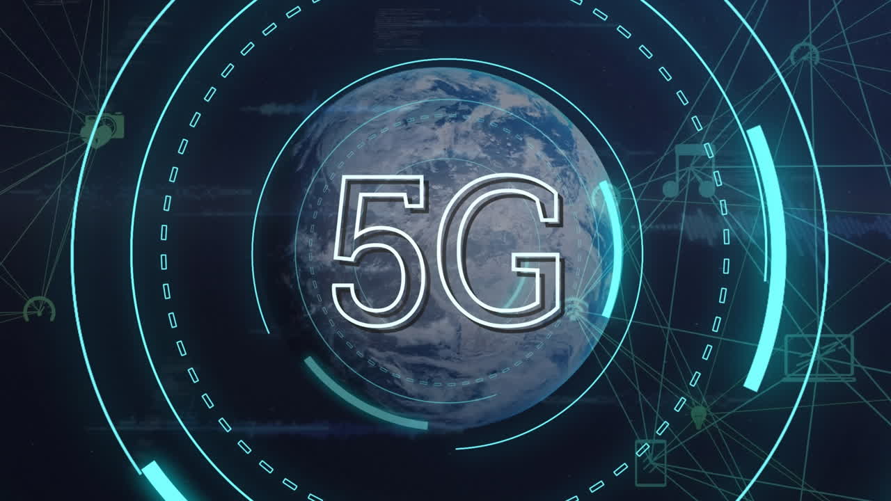 animazione del testo 5g con scansione dell'ambito blu su rete e cielo nuvoloso