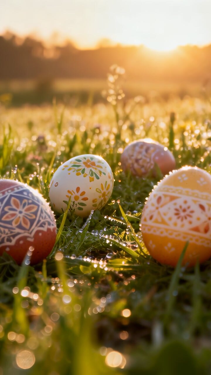 Vertical video: Sun rising, camera pulling back revealing four Easter eggs on dewy field sparkling