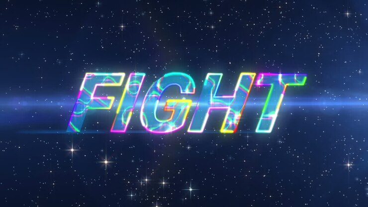 Animation of fight text over light spots on black background