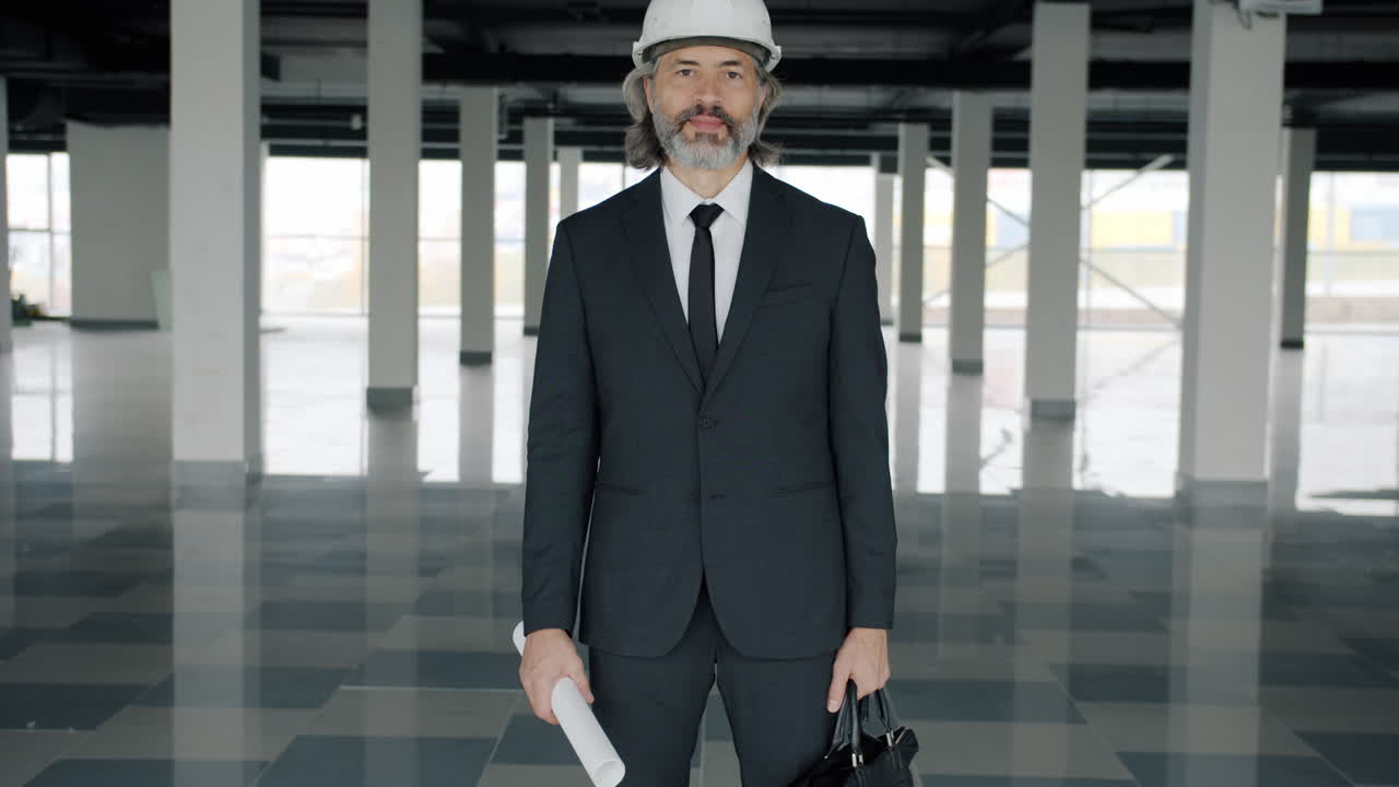 Businessman in Suit and Hard Hat at Empty Construction Site