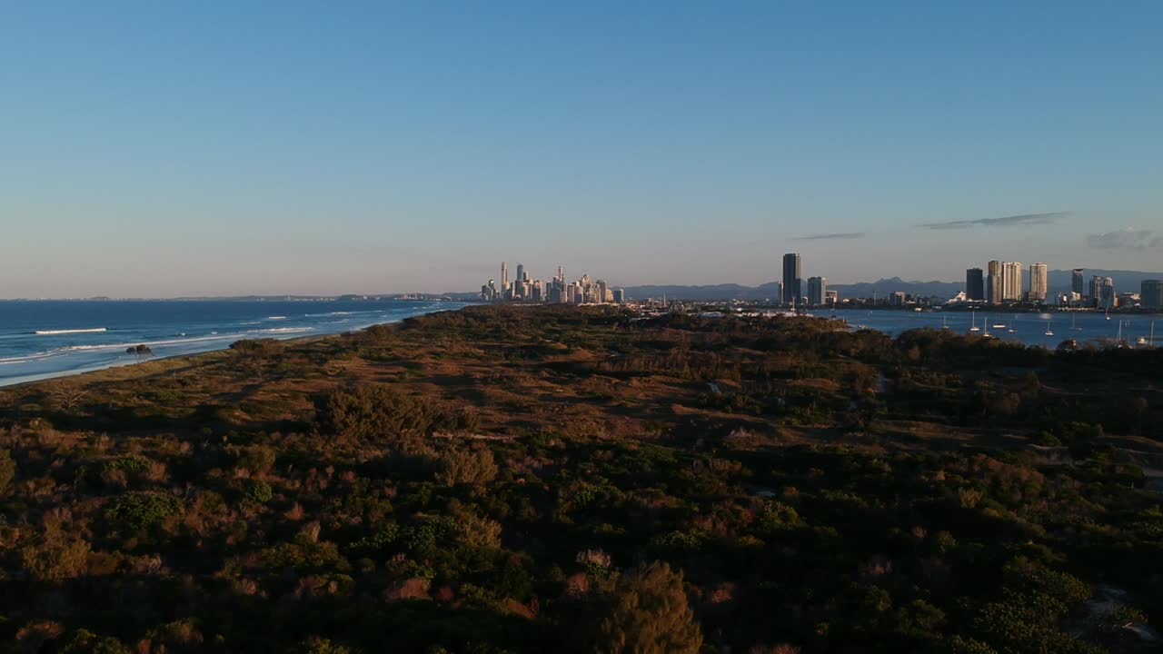먼 곳에 거대한 도시가 있는 넓은 해안 녹지 공간의 조감도