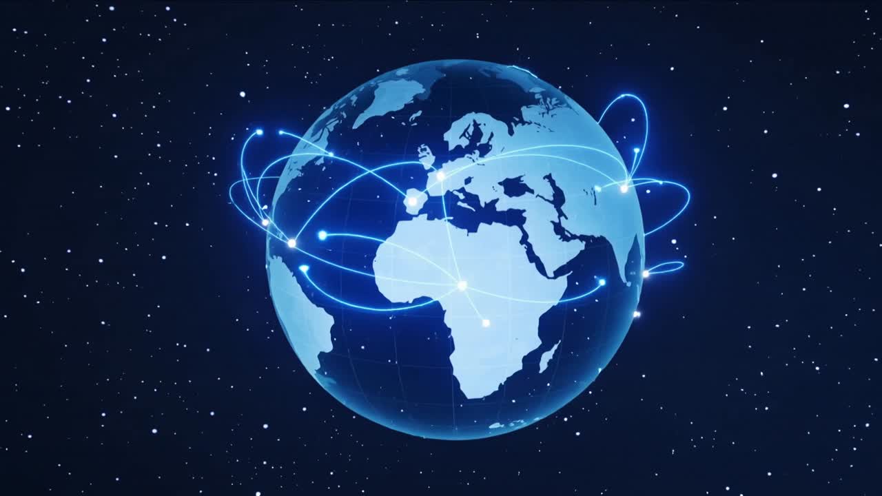 Globo blu che ruota mentre un nodo appare vicino alle Americhe, inviando archi che mostrano dati attraverso l'Atlantico stellato.