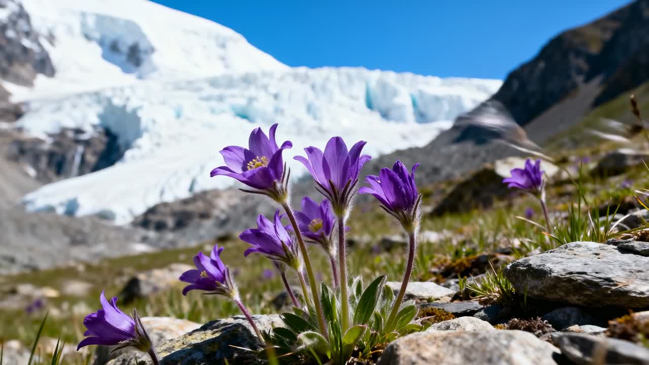 Fiori alpini viola ondeggianti che sfiorano l'erba in un prato di montagna grazie a una leggera brezza, ghiacciaio visibile.