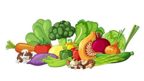 a vibrant digital animation of assorted vegetables with subtle movement, flat design style, bright lighting, and a clean white background for versatile use