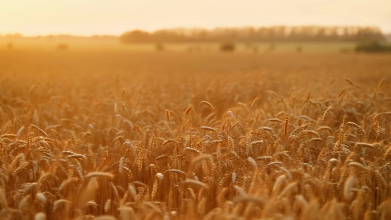 Vista en ángulo bajo de un extenso campo de trigo maduro durante la hora dorada con densas espigas de grano en primer plano, contraluz cálido, reflejos suaves, horizonte distante y una atmósfera pastoral tranquila a través del campo abierto.