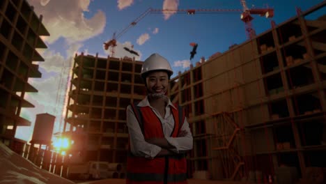 ingeniera asiática con casco de seguridad cruzando los brazos y sonriendo a la cámara mientras está de pie en el sitio de construcción, durante la puesta o el amanecer
