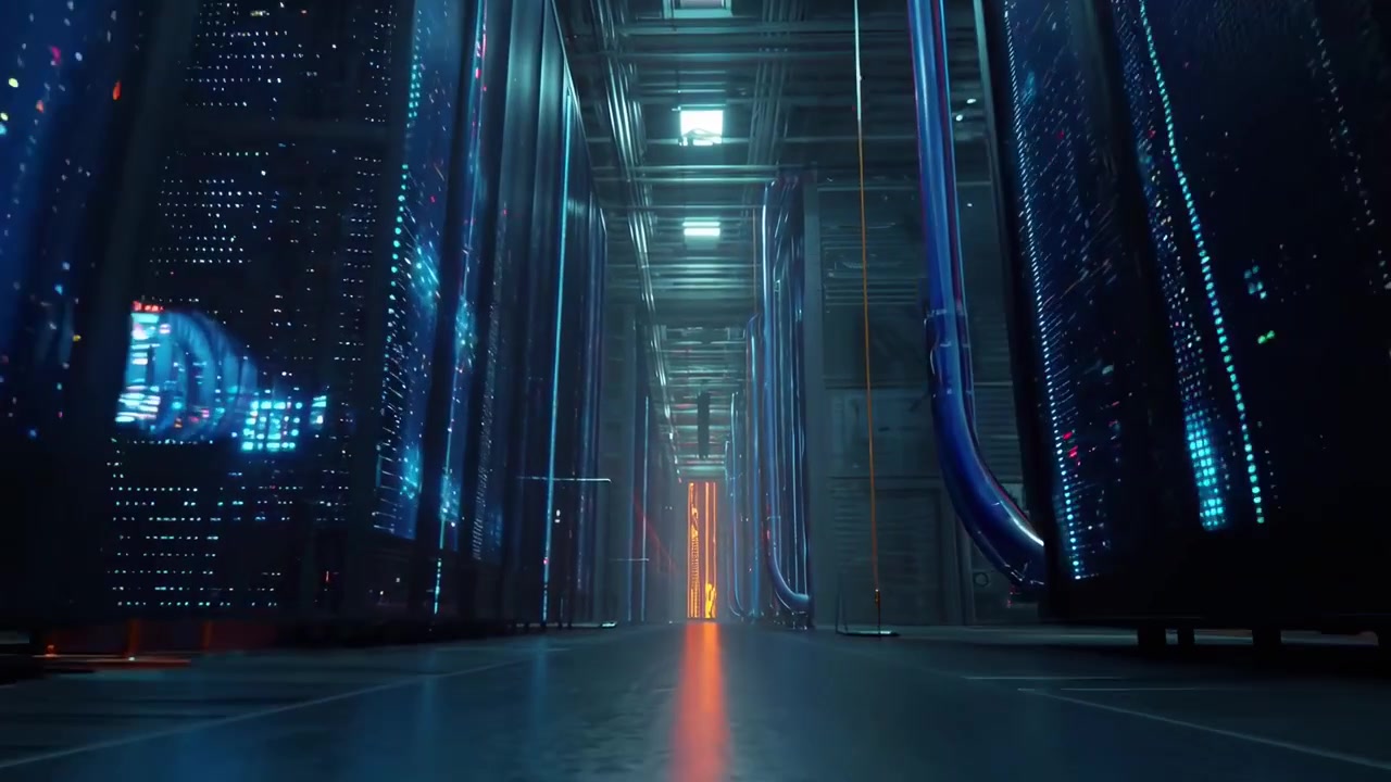 Modern Data Center Server Room with Glowing Blue Lights
