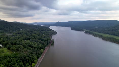 aerial push down the hudson river near highland falls ny, new york