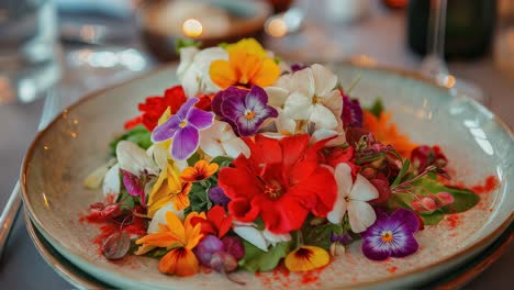 edible flowers salad with colorful pansies, geraniums, and other blossoms arranged beautifully on a plate, creating a visually appealing and healthy dish