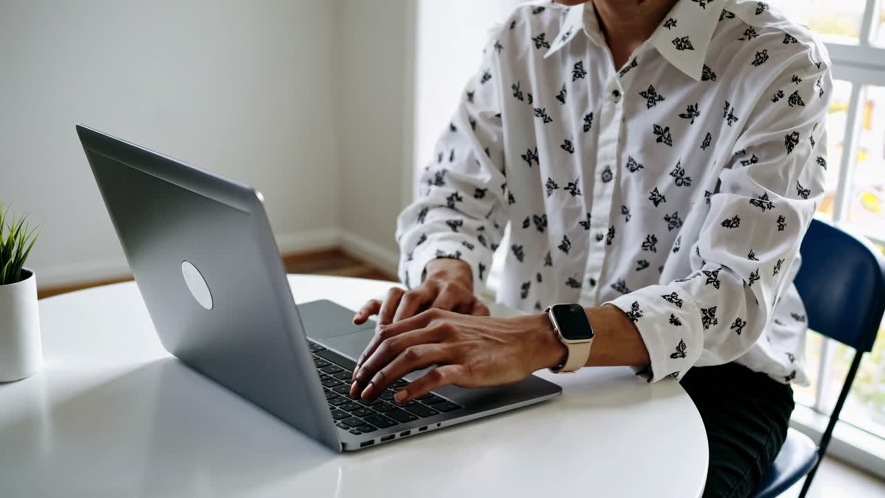 Casual workspace video concept with a mid-angle view of a person typing on a laptop at a white