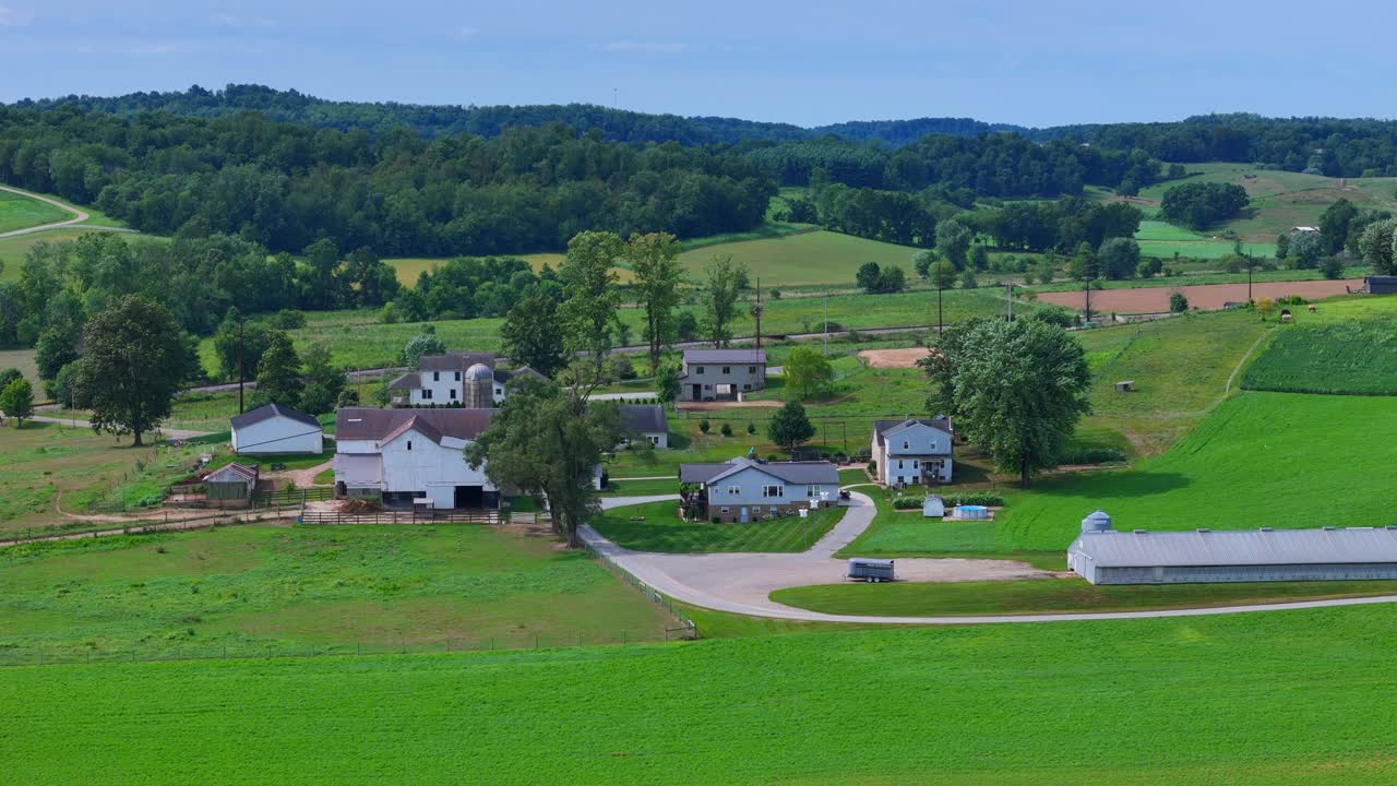 Scenic aerial view of countryside farmhouses and green fields on summer morning