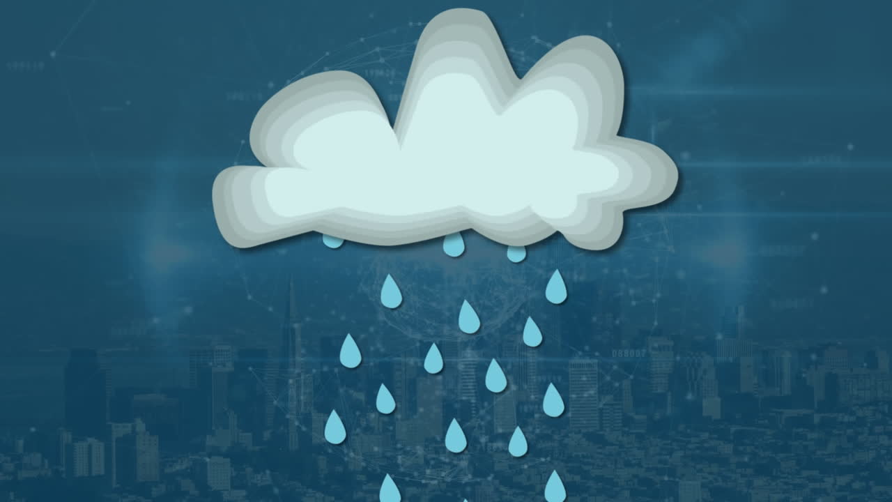 도시 풍경 위의 구름 아이콘과 지구의 애니메이션