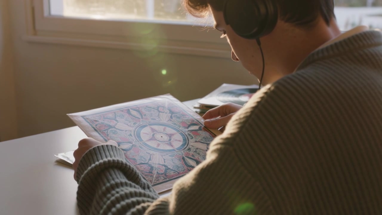 Adolescente in maglione e cuffie che si allunga per sollevare una piastrella mandala alla scrivania vicino alla finestra, inclinando e ispezionando.