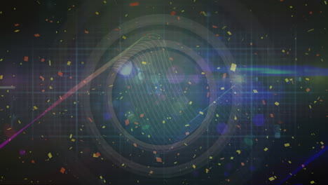 animation of falling confetti over glowing lights on dark background