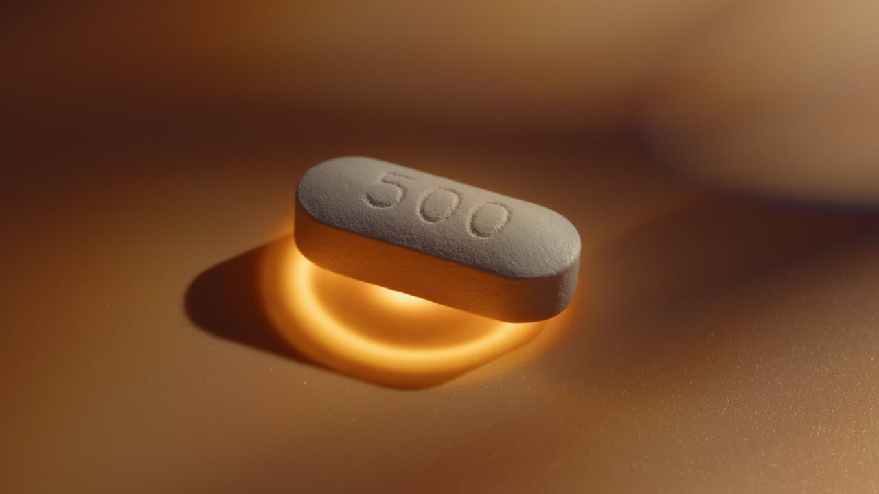 macro close up of vitamin antibiotics drugs pill isolated rotate with golden light energy healinghealthcare, pharmaceutical industry, drug use 500 mg daily dosage