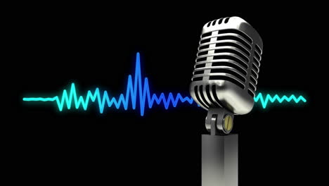 animación del micrófono de plata retro y el ecualizador de música gráfico azul y verde en movimiento