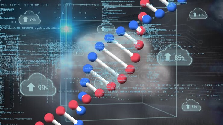 Animation of spinning dna structure and multiple cloud icons with increasing percentage