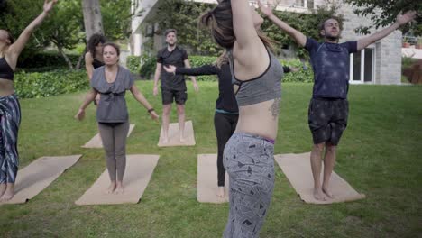 barefoot sporty people practicing yoga outdoor