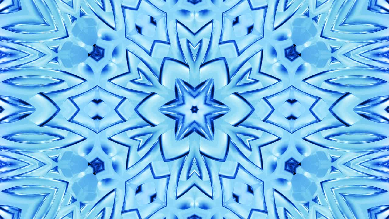 fondo simétrico abstracto con simetría estelar. mandala con olas. fondo líquido azul abstracto en bucle con patrón brillante ondulado, superficie brillante y brillante. efecto caleidoscopio