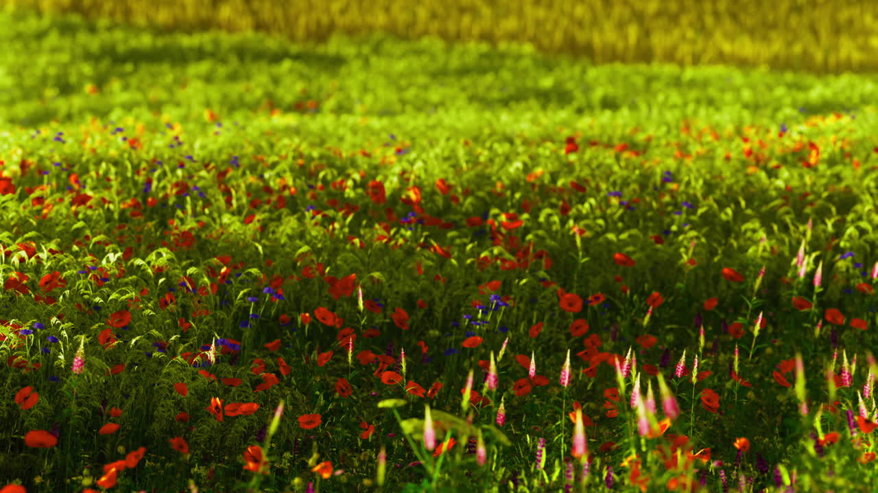Colorful wildflower meadow in spring sunlight showcases natures beauty