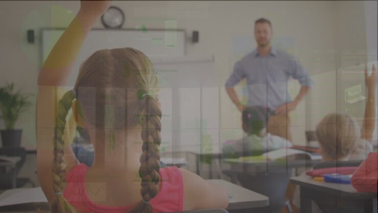 Animation of graph and data over caucasian male teacher and class of diverse pupils