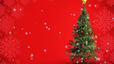 Animation-Von-Schnee,-Der-über-Den-Weihnachtsbaum-Auf-Rotem-Hintergrund-Fällt