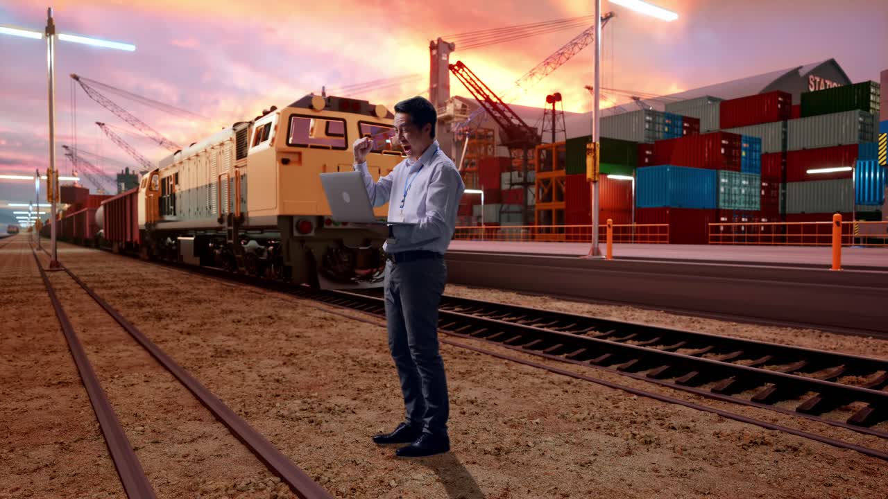 Full Body Side View Of An Asian Male Professional Worker Use Laptop With Freight Cargo Train At Port, He Raises His Fist Up With Screaming Goal