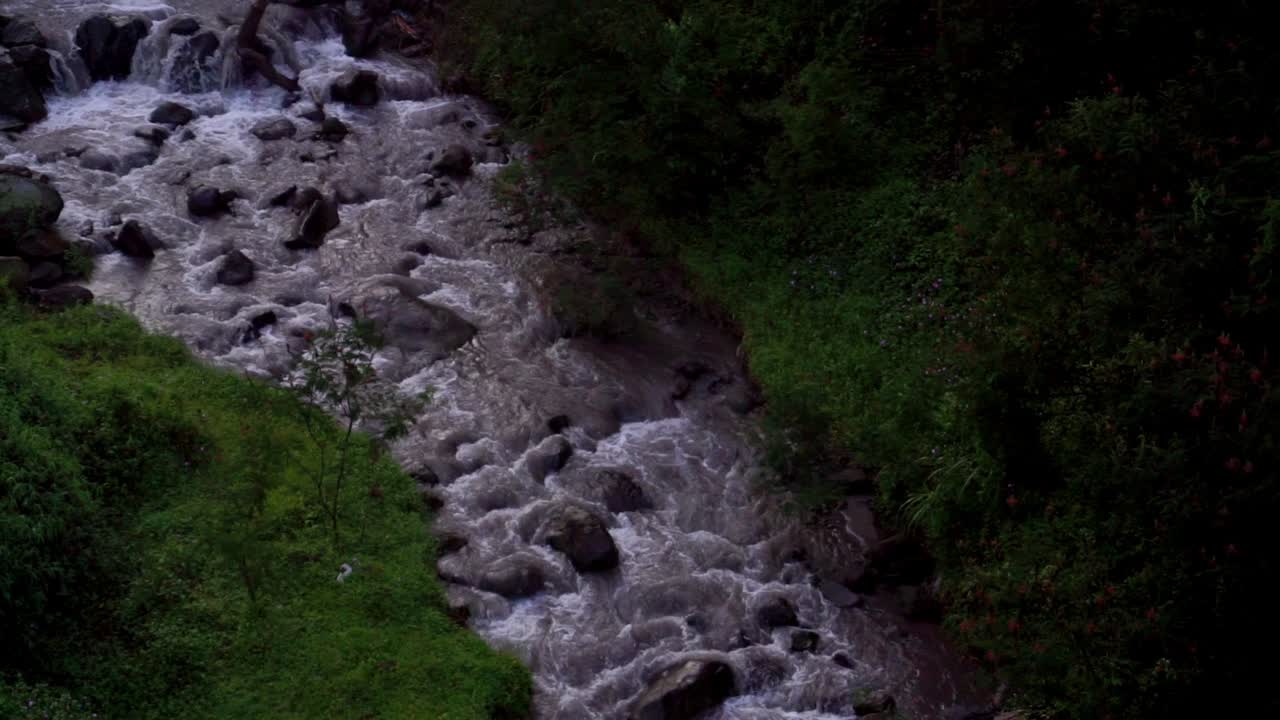 rocky river surrounded by bushes. murky water flow from the mountains. water is the main source of life.