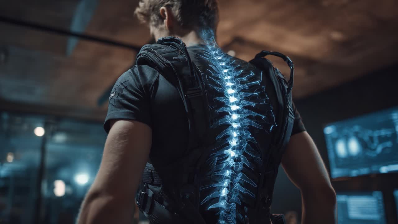 Aprimoramento Cibernético Futurista: Um Homem Exibe Tecnologia Luminescente de Coluna Vertebral de Ponta em um Ambiente de Alta Tecnologia