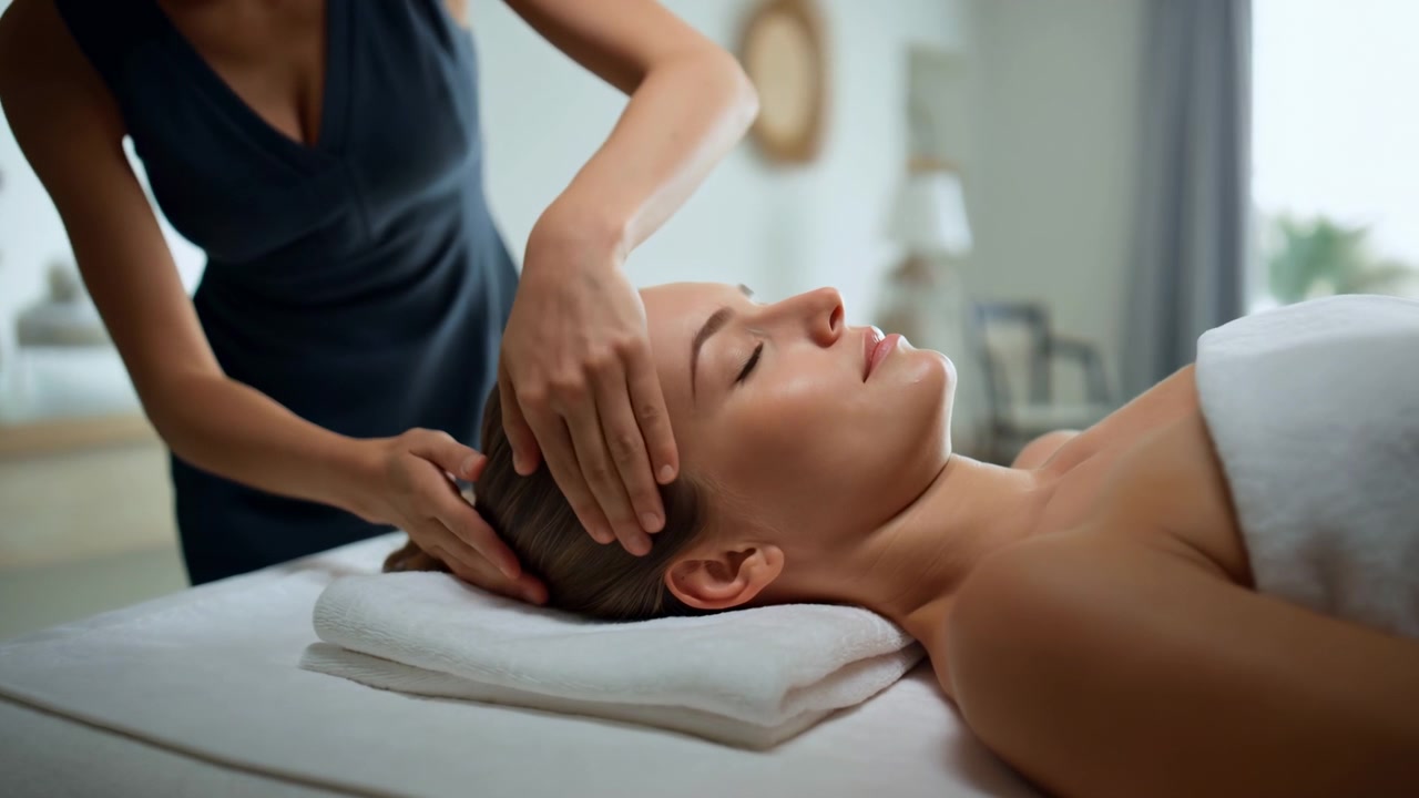 Woman rests with eyes closed as hands shift from forehead and temples toward scalp and back of head, supporting her neck on folded towels in softly lit wellness room.