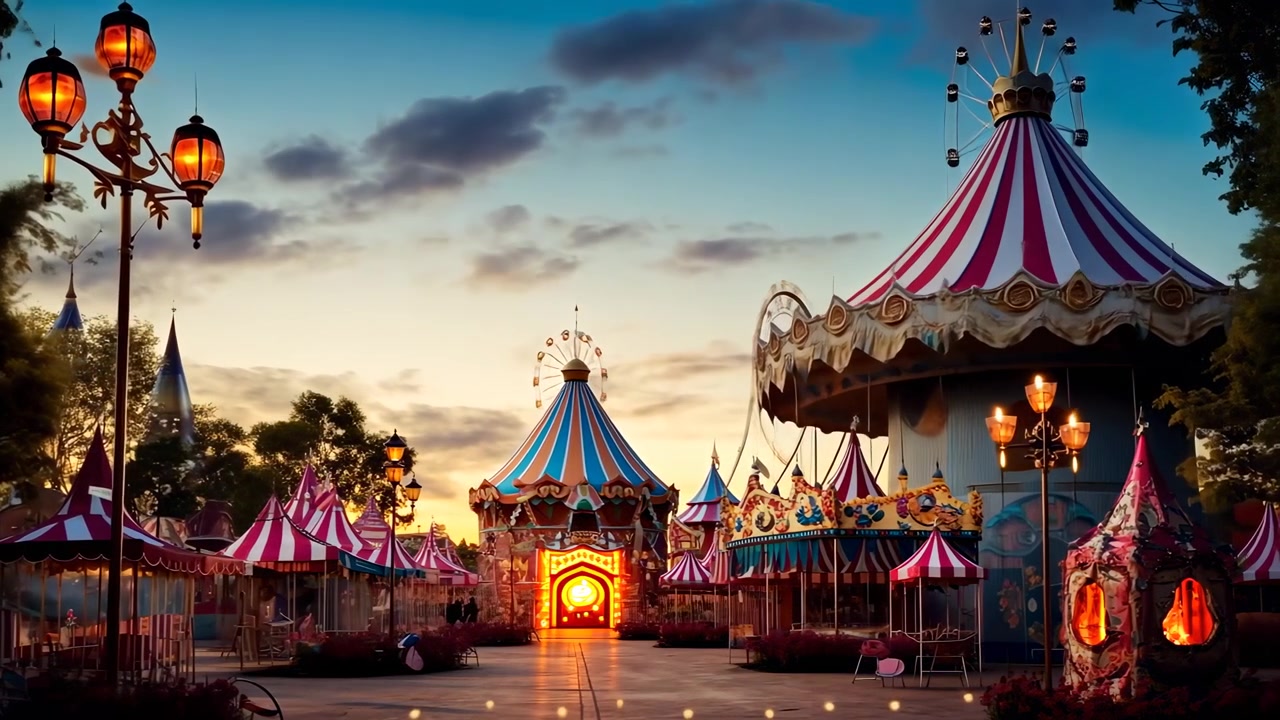 Enchanting Carnival Scene with Lights Turning On at Dusk