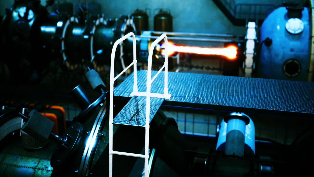 View of experimental propulsion system with vertical ladder and flame