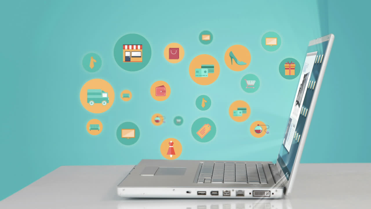 iconos de compras apareciendo por el portátil