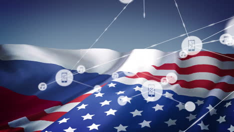 animation of network of connections with icons over flag of usa and russia