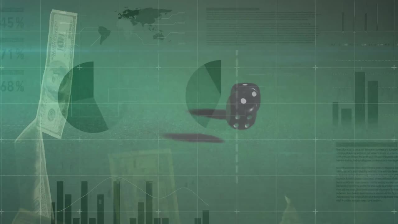 은행권과 주사위에 대한 데이터 처리의 애니메이션