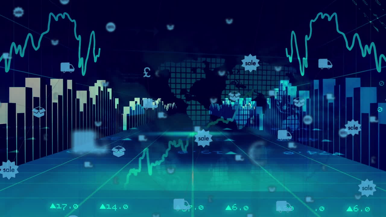 Icone digitali contro elaborazione di dati finanziari