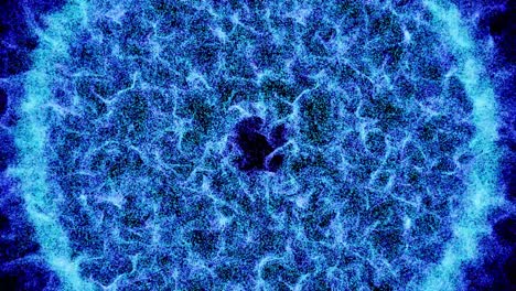 efectos visuales, vfx, partículas azules círculo de energía en fondo negro animación 3d