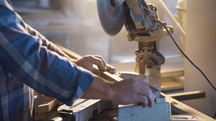 Carpenter is cutting wood with electric circular saw.