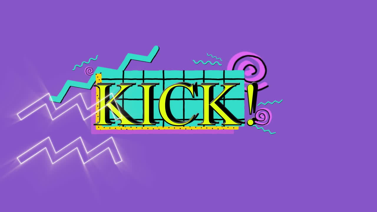 animación de texto de patada en patrón marcado con gráficos y patrón abstracto en fondo púrpura