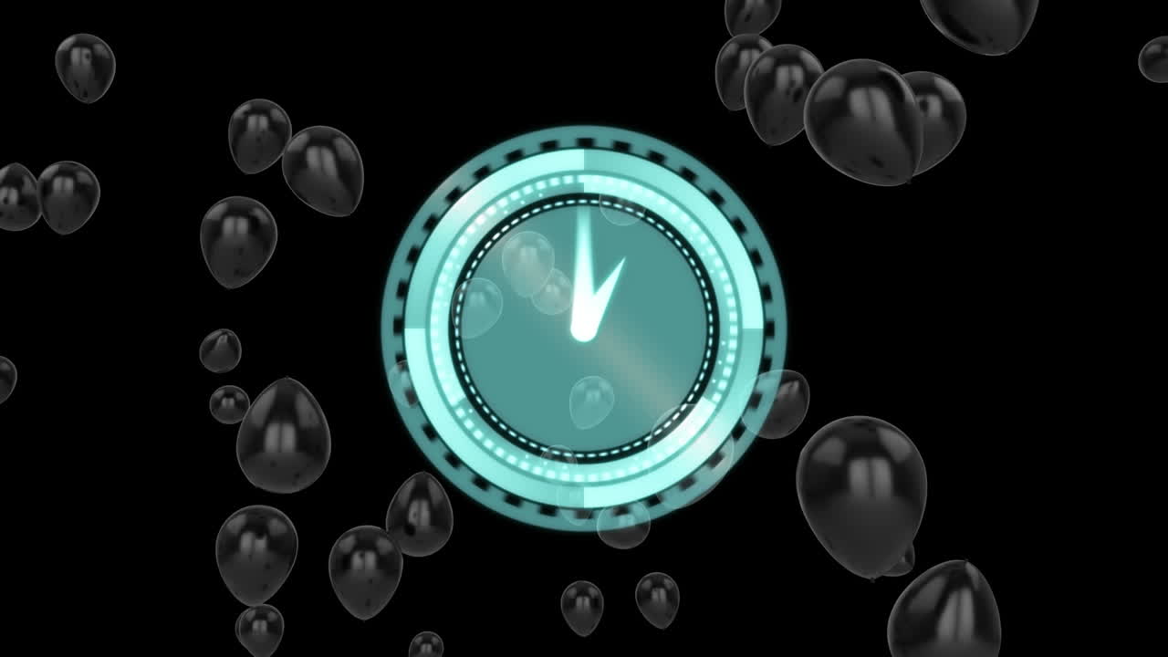 animazione di palloncini volanti e orologio su sfondo nero