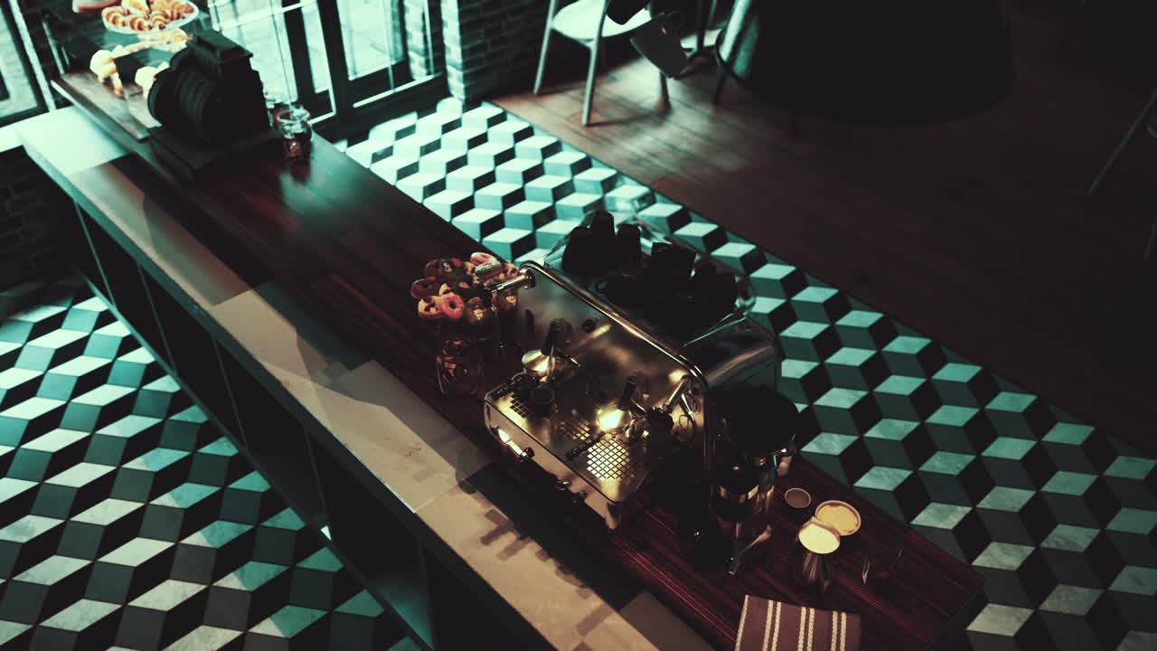 에스프레소 기계, 커피 콩, 몇 개의 도 을 가진 커피 카운터