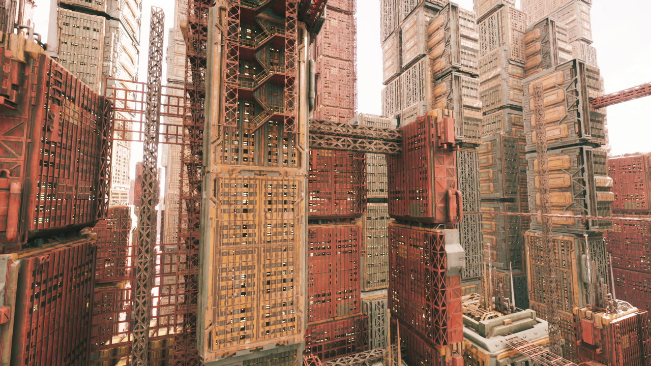 City skyline view complex structures framing urban distant horizon