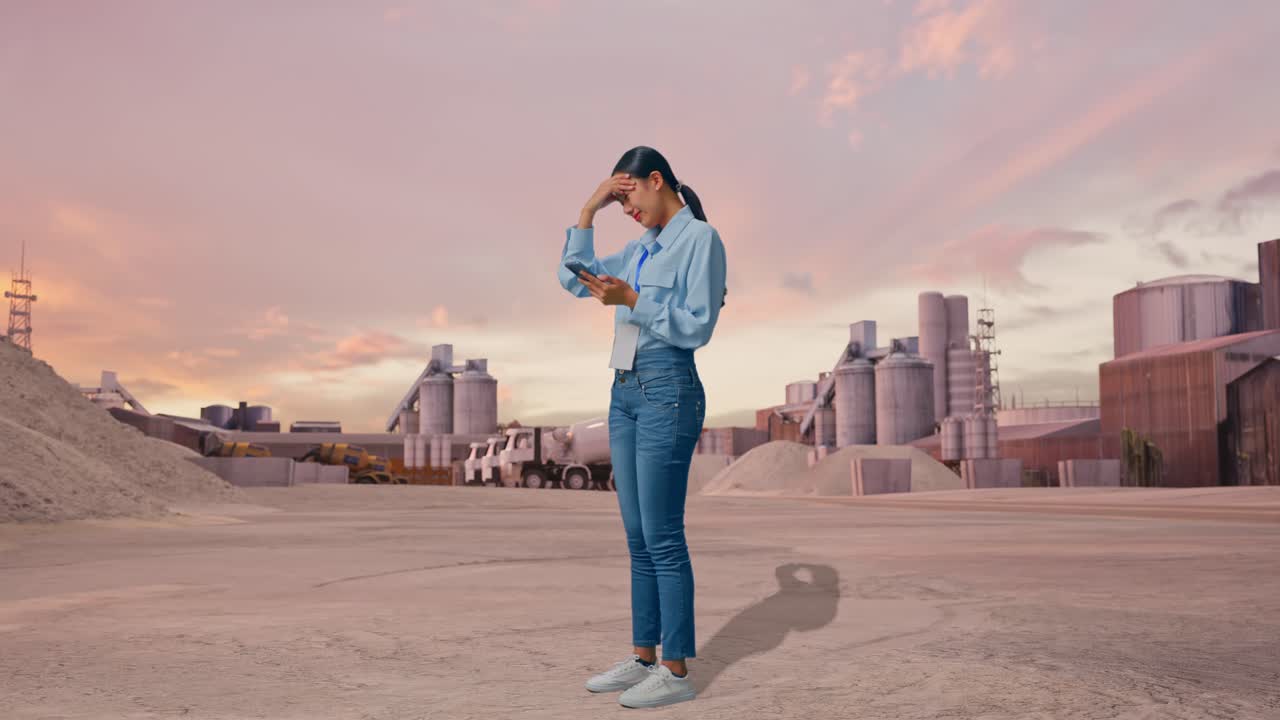 ภาพด้านข้างเต็มตัว: หญิงสาวชาวเอเชียกำลังพยักหน้าด้วยความผิดหวังพร้อมโทรศัพท์ในมือที่โรงงานปูนซีเมนต์ยามพระอาทิตย์ตก