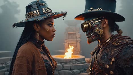 steampunk confrontation: two figures in ornate attire and cybernetic elements face off by a fire pit