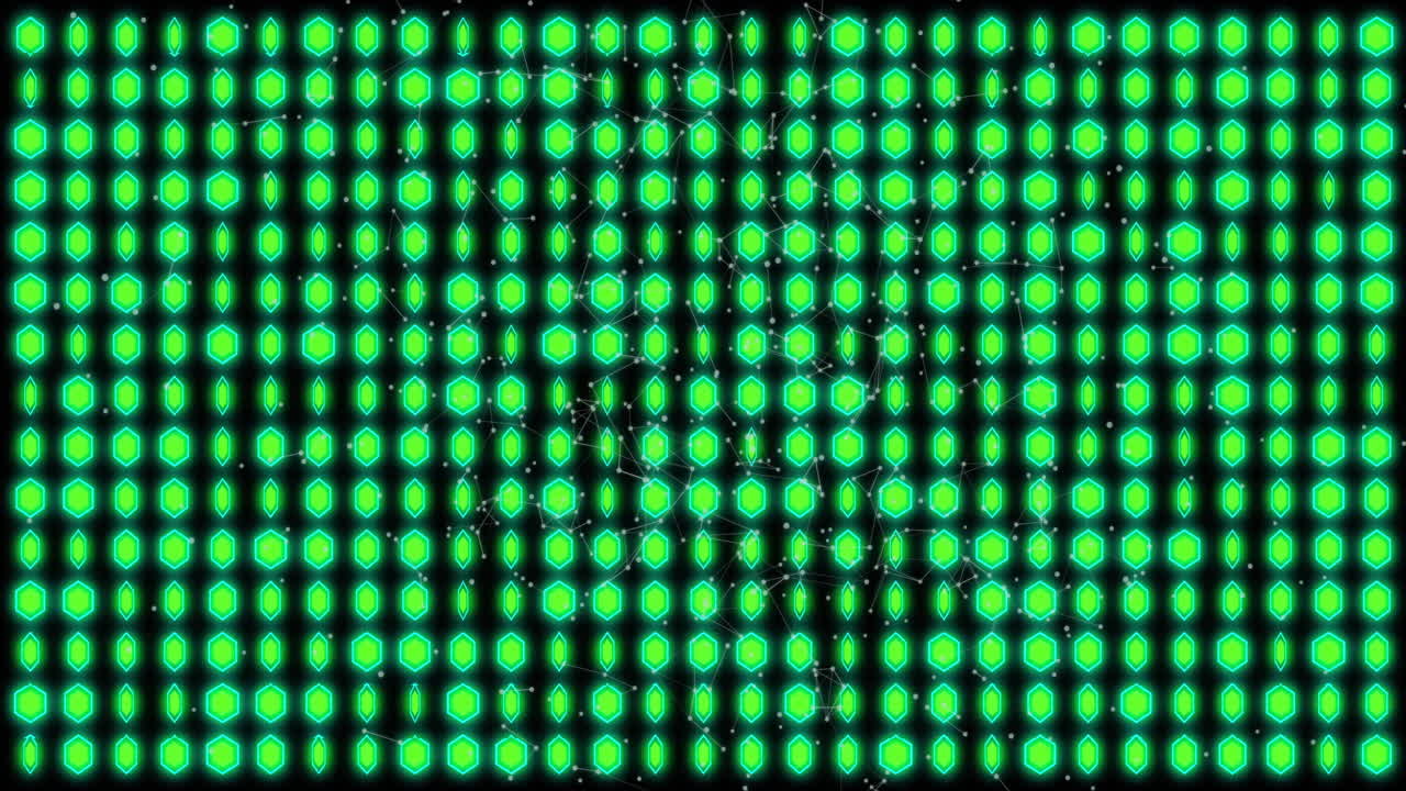 Animation of light wall of rotating round green lights on black background