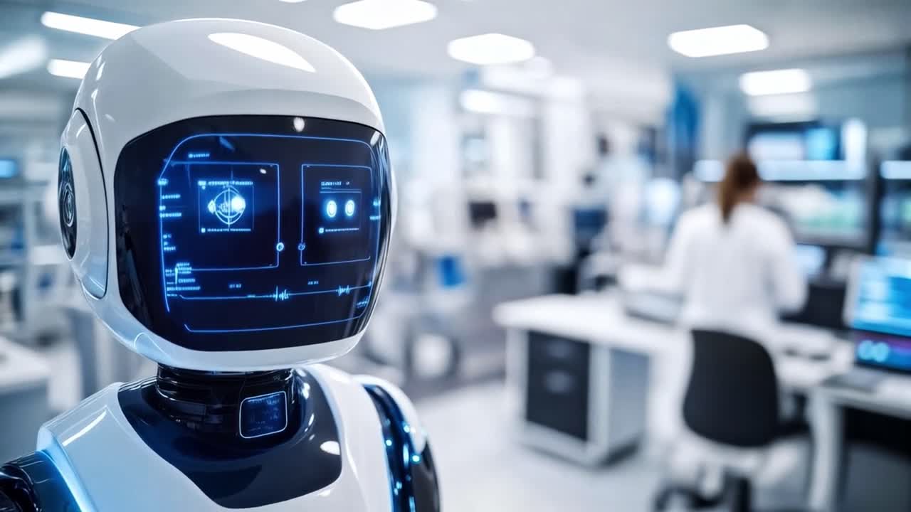 A humanoid robot working in a modern laboratory setting