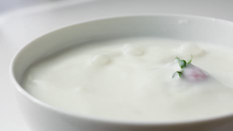 strawberry falling into bowl of milk in slow motion side view